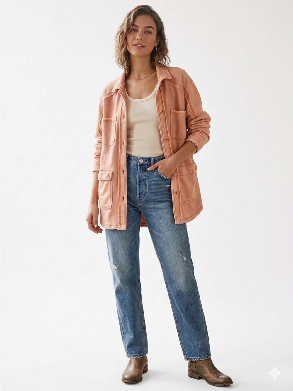 Anthropologie Pilcro Utility Shacket - Button Down Peach Coral Pink 1X